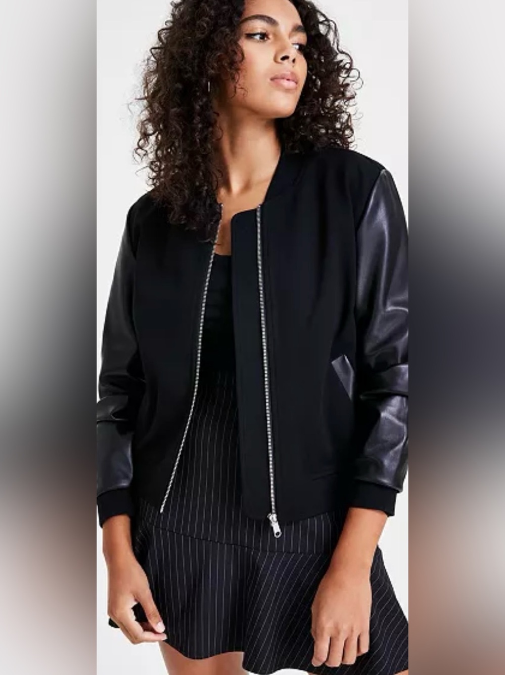 Bar III NWT Ponte Knit Bomber Jacket Faux Leather Sleeves and Trim Size M Petite